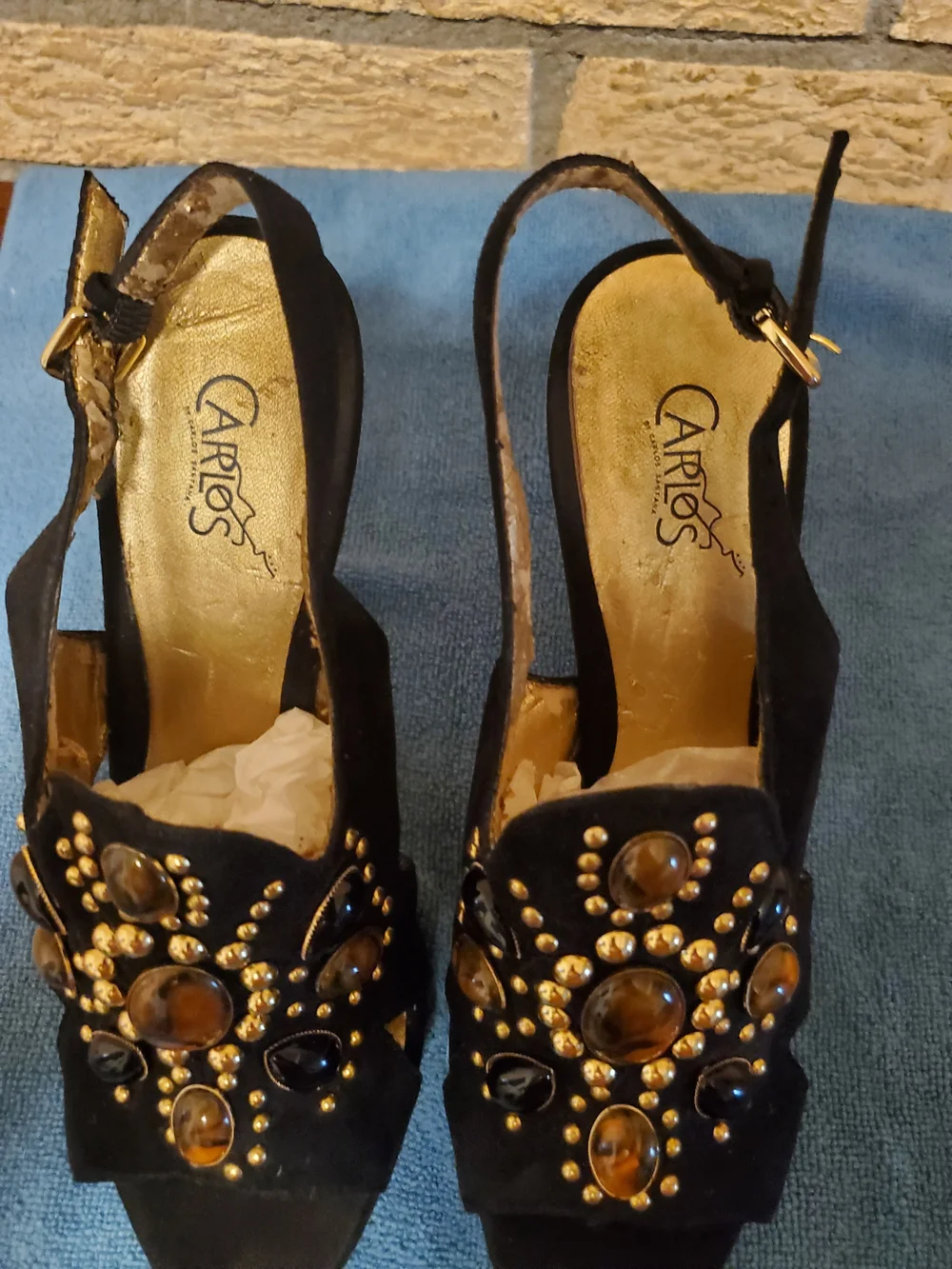 Carlos by Carlos Santana Black Suede Slingback Heels with Amber and Black Jewels